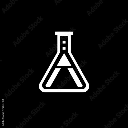 White stylized conical flask with integrated letter A symbol, modern laboratory icon, science and chemistry graphic on black background.