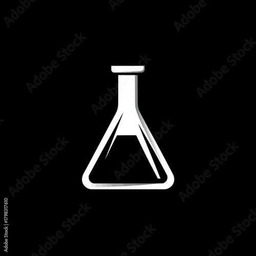 White Conical Flask Icon on Black Background. Scientific Laboratory Erlenmeyer Flask Symbol for Chemistry Research and Experimentation.