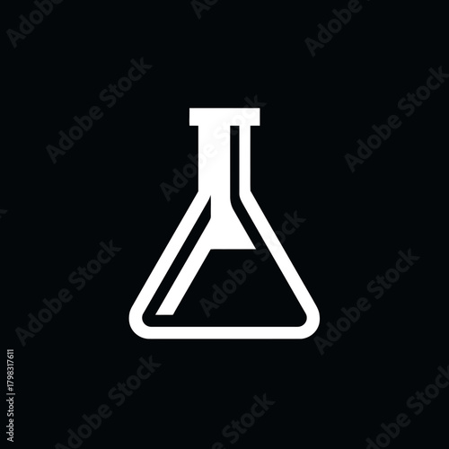 Modern white outline conical flask icon on black background, representing science, chemistry, research, education, and laboratory work