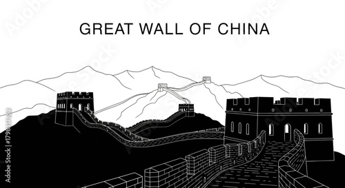 A black and white line art illustration depicting the Great Wall of China stretching across mountainous terrain under a clear sky.