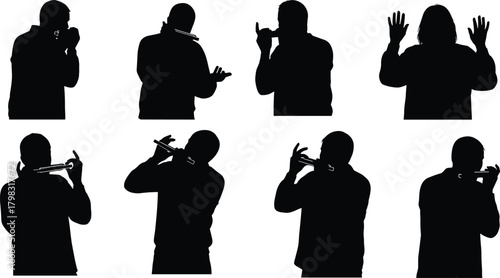 Harmonica playing silhouette illustration, symbolic musical gesture and expressive performance graphics for design and education