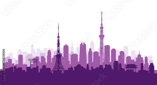 A purple silhouette of the Tokyo skyline, featuring iconic towers and buildings against a white background.