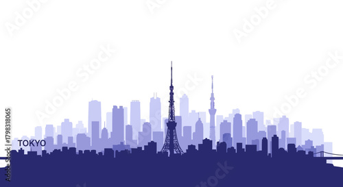 Stylized blue silhouette of Tokyo city skyline with famous landmarks against a white background.