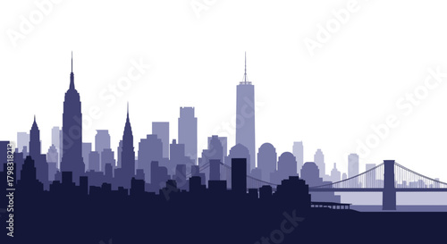 Blue silhouette of the New York City skyline with iconic skyscrapers and a bridge.