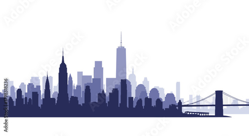Silhouette of a city skyline featuring skyscrapers, buildings, and a bridge, all in shades of blue.
