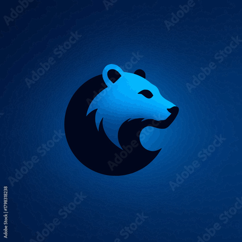 Stylized blue bear head graphic icon. Modern minimalist digital illustration of a grizzly or polar bear profile in a dark blue circle.