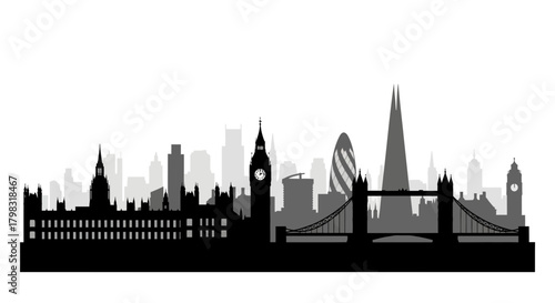 Vector silhouette of the London city skyline with famous architectural landmarks against a white background.