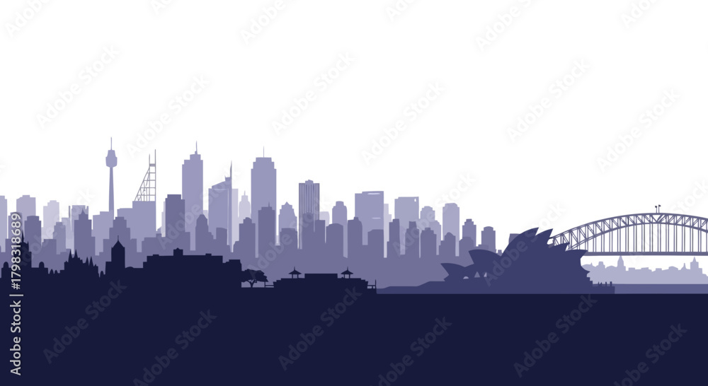 Naklejka premium A vector illustration of the Sydney, Australia city skyline silhouette with its famous landmarks.