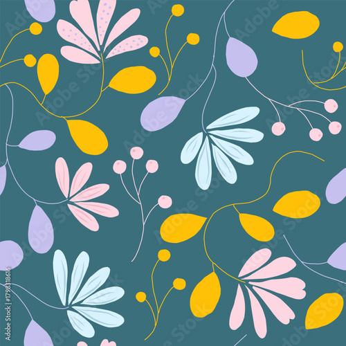 Whimsical Pastel Floral Pattern on Teal Background