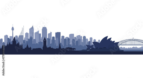 A detailed blue silhouette of the Sydney city skyline featuring iconic landmarks like the Opera House, Harbour Bridge, and various skyscrapers against a white background.