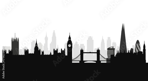Silhouette of the London skyline featuring iconic landmarks like Big Ben and the Tower Bridge.