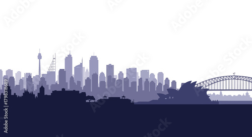 A vector illustration of the Sydney, Australia city skyline silhouette with its famous landmarks.