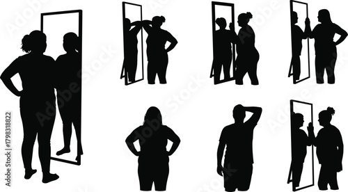 Mirror reflection silhouette illustration, symbolic self-perception and emotional contrast graphics for design and education