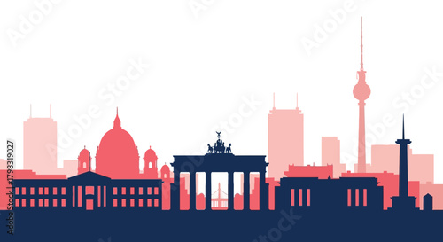 Vector illustration of the Berlin city skyline silhouette with famous landmarks like the Brandenburg Gate and TV Tower.