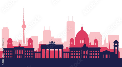 Stylized vector illustration of the Berlin, Germany city skyline featuring famous architectural landmarks.