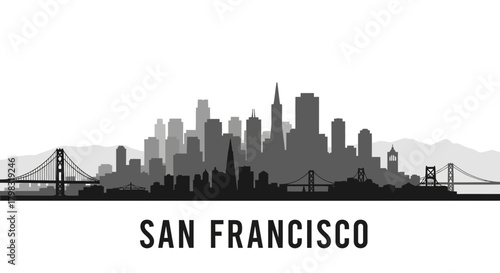 Silhouette of San Francisco skyline with the Golden Gate Bridge and city buildings.