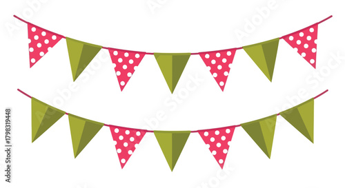 Two Rows of Festive Party Bunting with Red Polka Dots and Green Colors