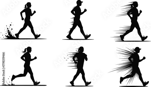 Running silhouette cartoon illustration, symbolic speed effects and athletic motion graphics for design and education