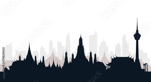Silhouette of the Bangkok, Thailand city skyline with famous temples and modern buildings.