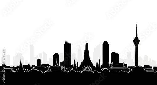 A black and white silhouette of the Bangkok skyline, featuring iconic landmarks and modern skyscrapers.