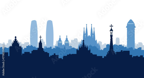 A stylized blue silhouette of the Barcelona skyline featuring iconic landmarks like Sagrada Familia and Torre Glòries.