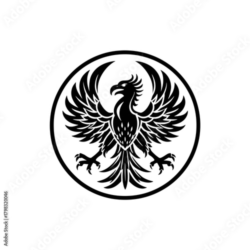 Majestic phoenix bird emblem, mythical creature with spread wings in a powerful circular black and white illustration, symbolizing strength.