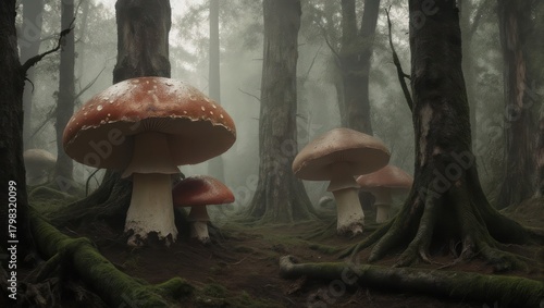 Enchanted Forest with Giant Mushrooms.