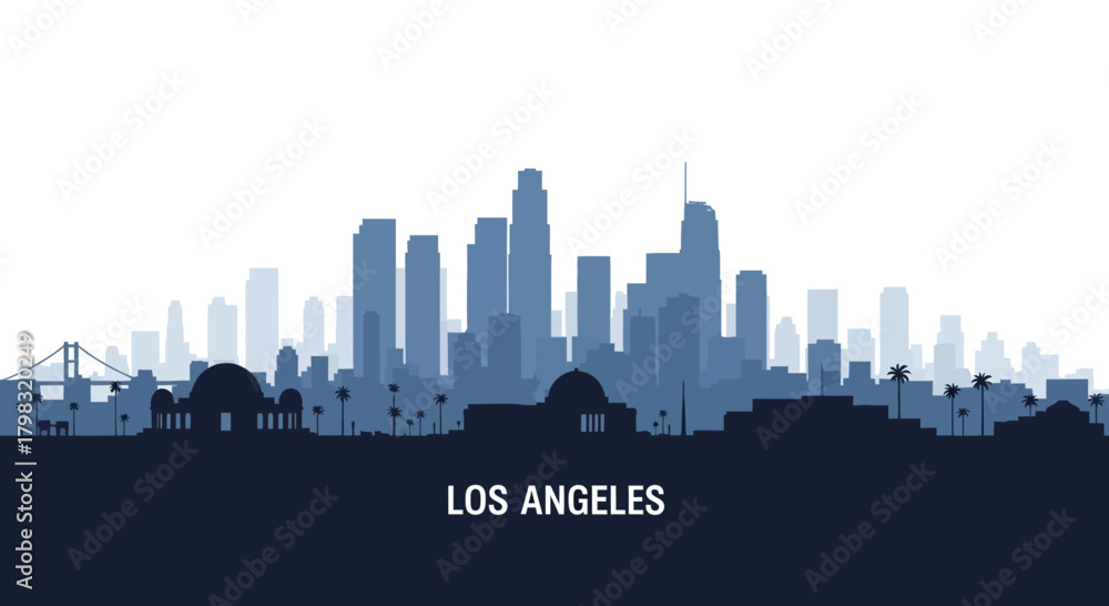 Fototapeta premium Stylized blue silhouette of the Los Angeles city skyline with prominent skyscrapers and urban landscape against a light background.