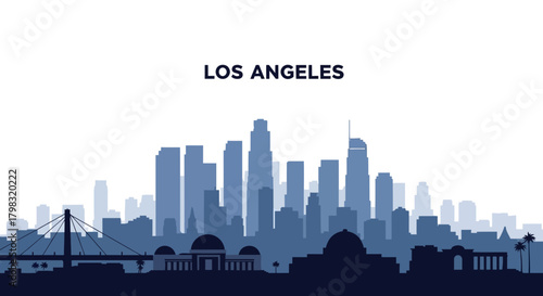 Los Angeles skyline silhouette with buildings and bridge.