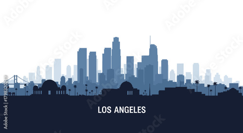 Stylized blue silhouette of the Los Angeles city skyline with prominent skyscrapers and urban landscape against a light background.