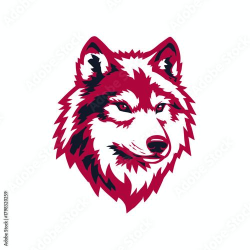 Stylized Red and Black Wolf Head Graphic Illustration on White Background. Wild Animal Mascot Emblem Design, Powerful Predatory Canine.