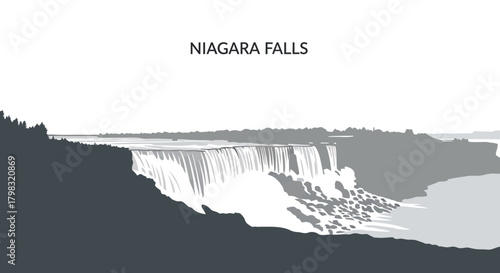 A minimalist grayscale graphic illustration of the famous Niagara Falls waterfall.