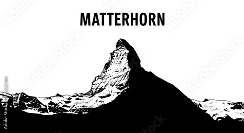 A striking black and white illustration of the iconic Matterhorn mountain, showcasing its majestic peak against a stark white background.