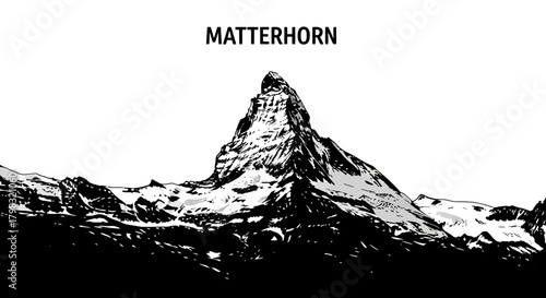 A striking black and white illustration of the iconic Matterhorn mountain, showcasing its majestic peak and rugged slopes against a stark white background.