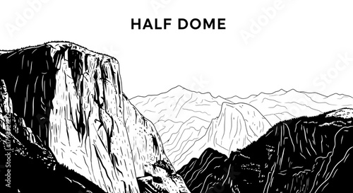 Black and white line art illustration of the iconic Half Dome in Yosemite National Park.