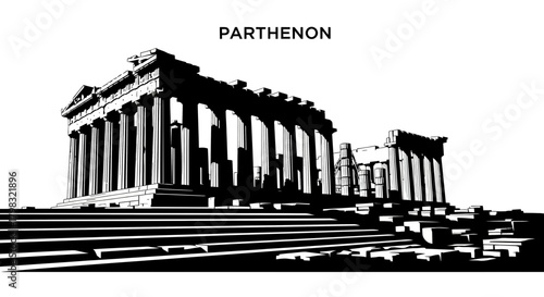 High-contrast black and white graphic illustration of the ancient Parthenon temple on the Athenian Acropolis.