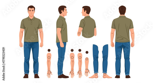 Man in various views with detachable body parts for anatomy study