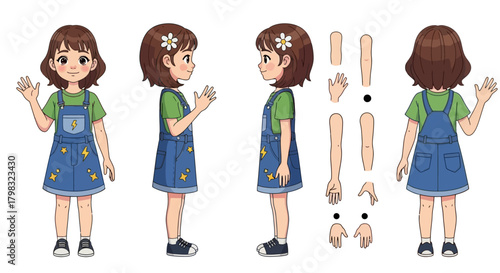Cheerful Girl in Overalls Cartoon Character with Detachable Limbs for Animation