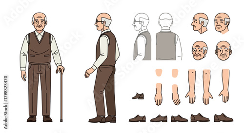 Character Sheet of an Elderly Man with Walking Cane A Design Resource for Animation and Illustration