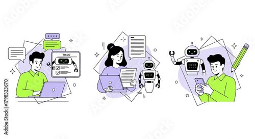 AI and Human Collaboration Vector Illustration of Teamwork