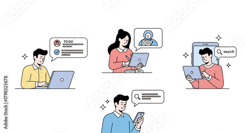 Connected People Online Communication and Engagement in a Digital World Illustration