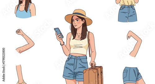 Traveler with Luggage and Phone Surrounded by Body Parts Illustration