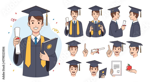 Graduation Celebration Vector Art of a Young Graduate with Diploma and Academic Regalia