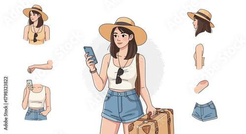 Traveler Woman with Phone and Suitcase Illustration