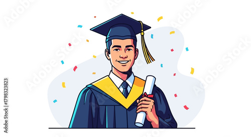 Graduation Day Cheerful Graduate with Diploma in Confetti Shower Illustration