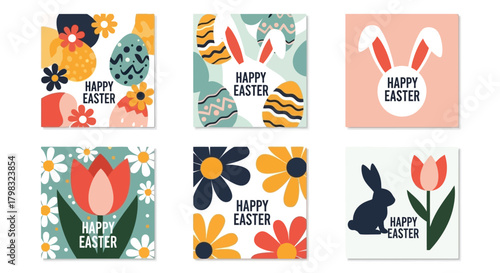 Happy Easter Floral Graphic Set with Eggs, Flowers, Rabbit Elements for Spring Holiday