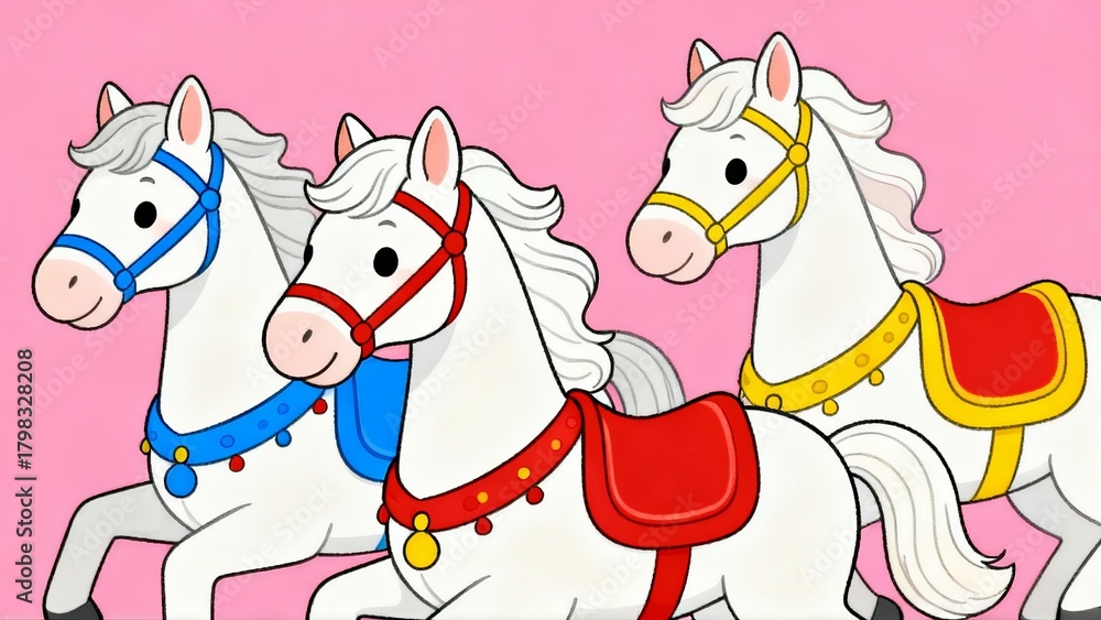 Naklejka premium Three horses are running in a line, each with a different colored saddle