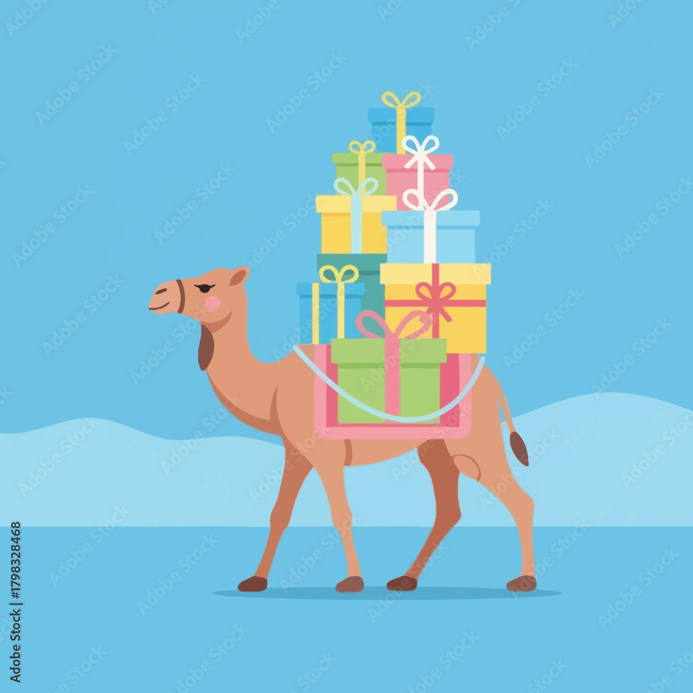Fototapeta premium Cartoon camel carrying a stack of colorful gift boxes, delivering presents on blue background.