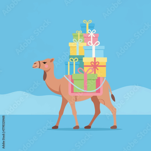 Cartoon camel carrying a stack of colorful gift boxes, delivering presents on blue background.