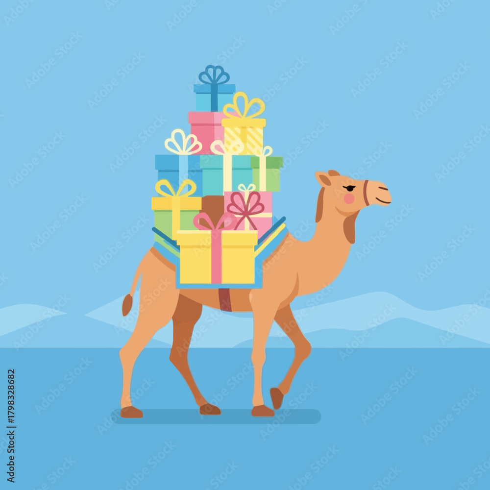 Naklejka premium Cartoon camel carrying a stack of colorful gift boxes with ribbons, on a blue backdrop.